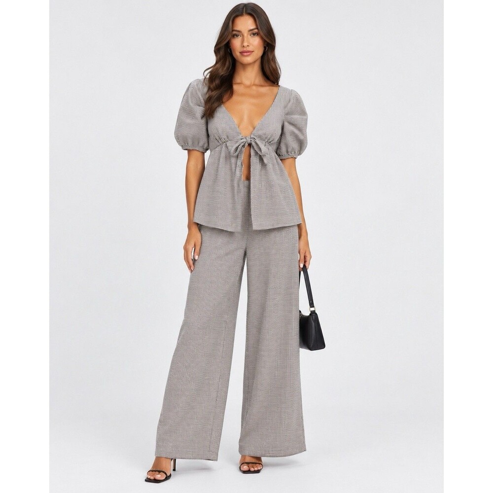Free People Brown Dani Set S Babydoll Top Houndstooth Puff Sleeve Wide Leg Pants